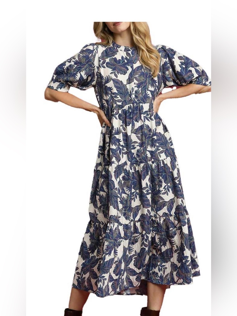 Umgee Boho Leaf Print Tiered Midi Dress, Sz L